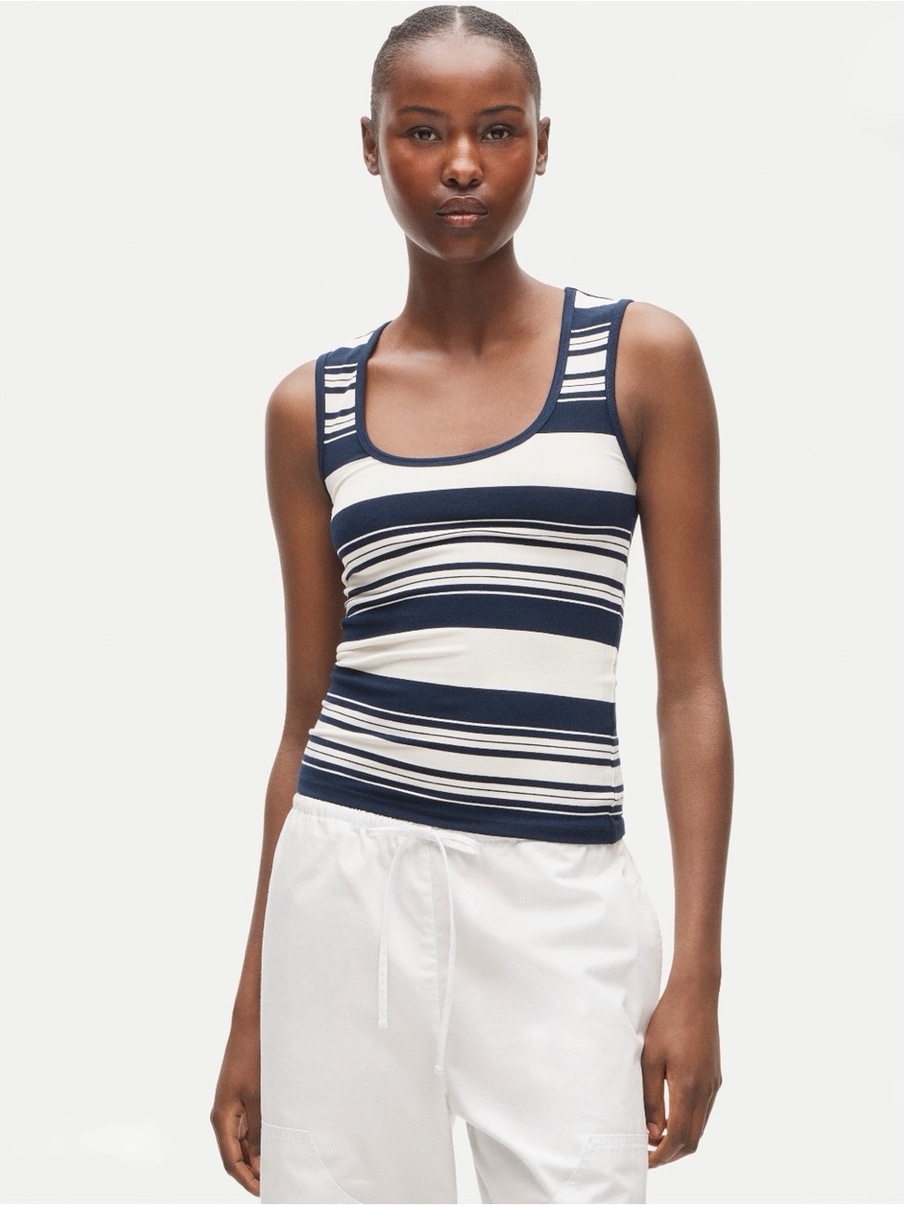 J. Crew Navy and White Striped Ribbed Tank 90% Viscose SUPER SOFT Size M NWT